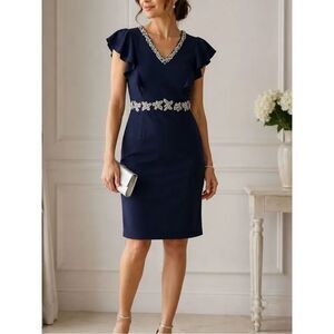 Burryco Elegant Short Sleeve Navy Embellished Midi Dress Size 8